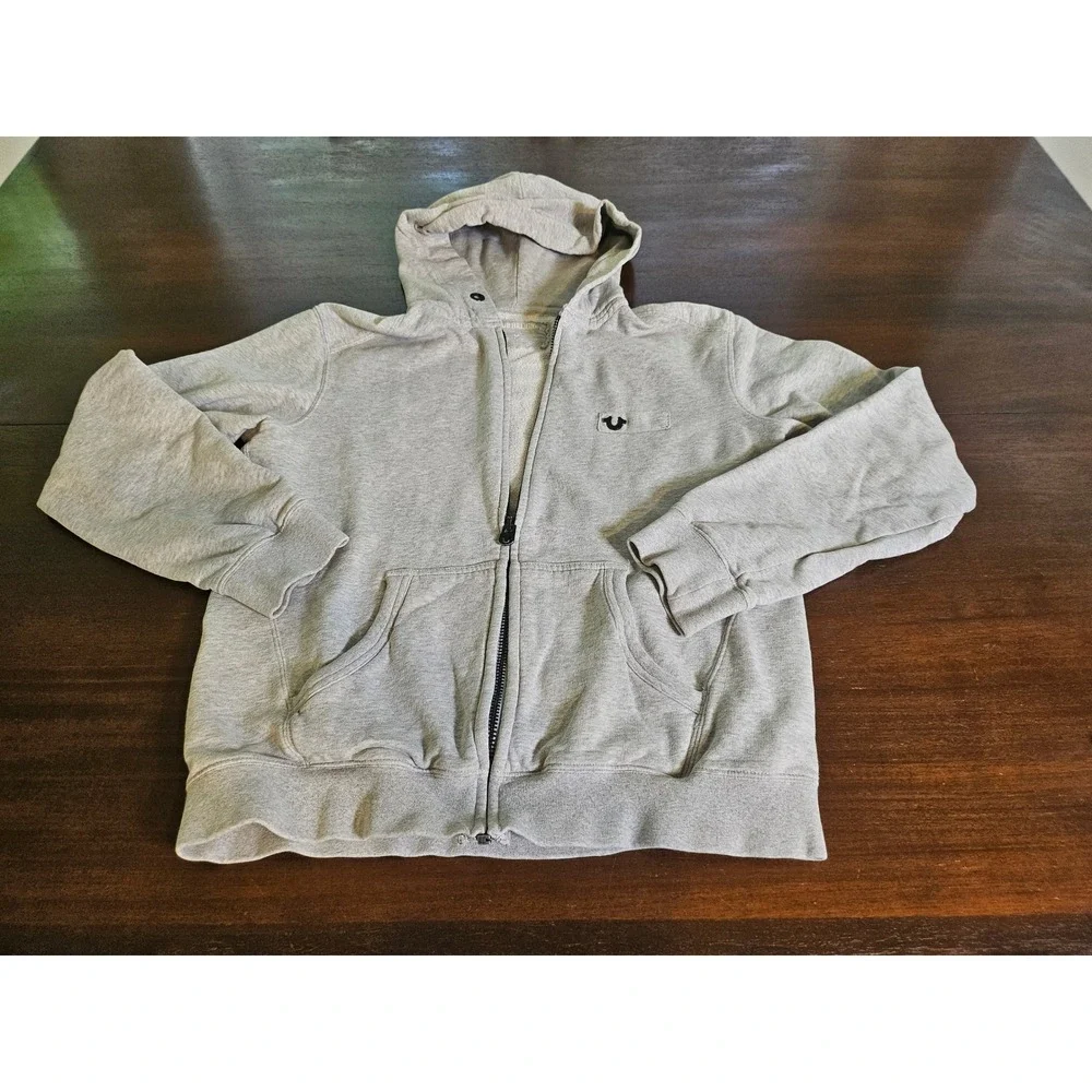 True Religion Zip Up Hoodie Large Gray Horseshoe Logo Fleece Sweatshirt